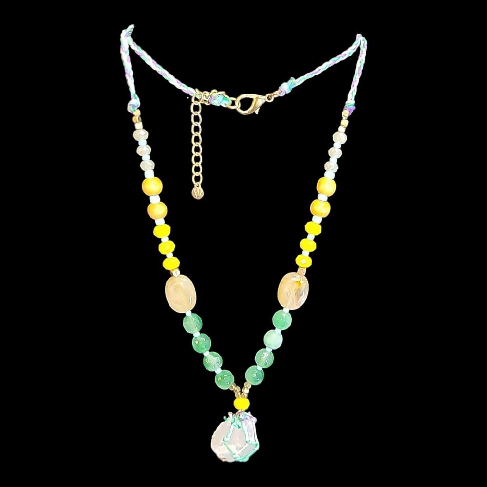 Colorful Wrapped‎ Quartz Pendant Glass & Wood Bead Necklace Signed W 28"-31"